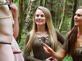 CFNM dominas jerk and suck play a waiting game in forest group domination